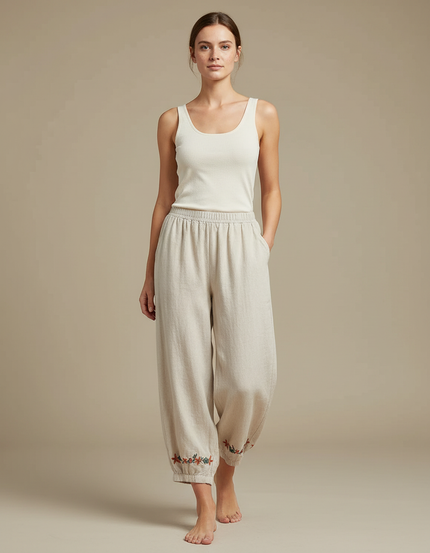 Pantalon Beige Ample Coton Lin Brodé Femme