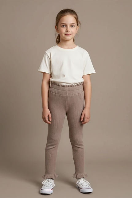 Pantalon Beige Côtelé Tricoté Volants Confortable Fille - Maille