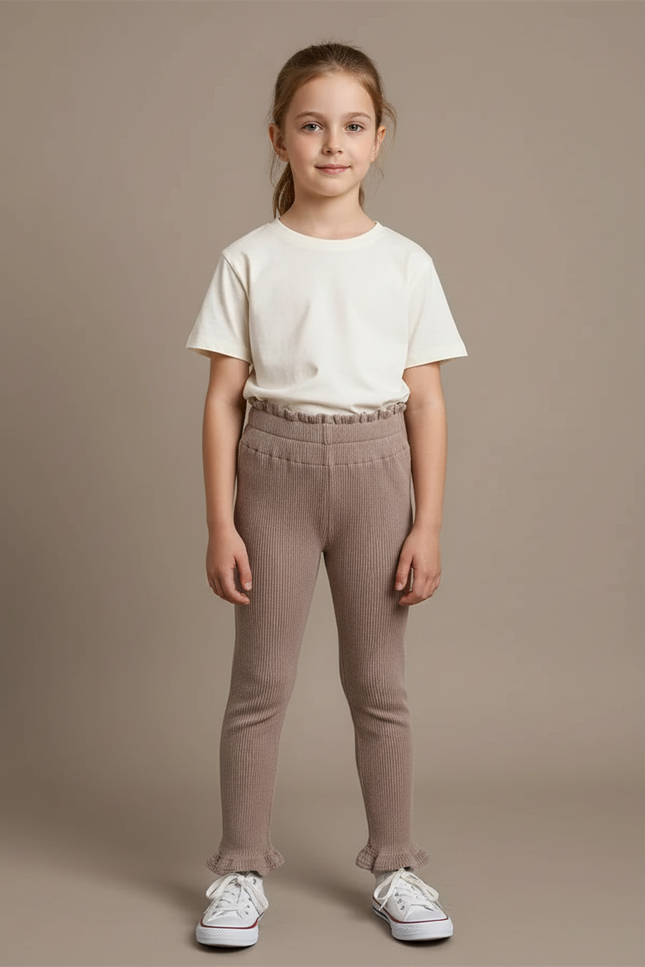 Pantalon Beige Côtelé Tricoté Volants Confortable Fille - Maille