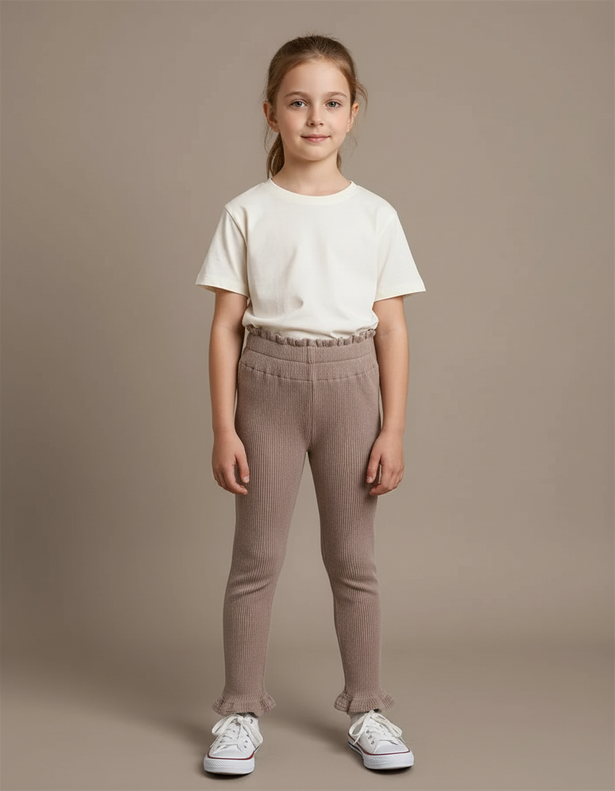 Pantalon Beige Côtelé Tricoté Volants Confortable Fille - Maille