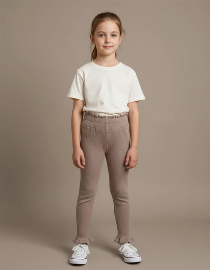 Pantalon Beige Côtelé Tricoté Volants Confortable Fille - Maille