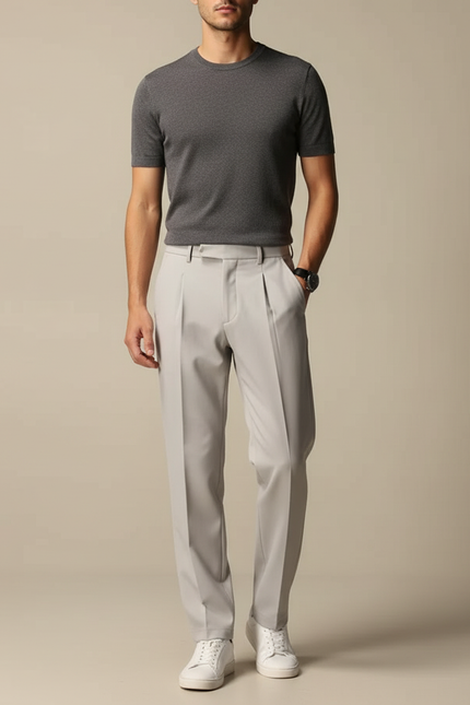 Pantalon Beige Homme Droit Plissé Élégant Coton - Gris