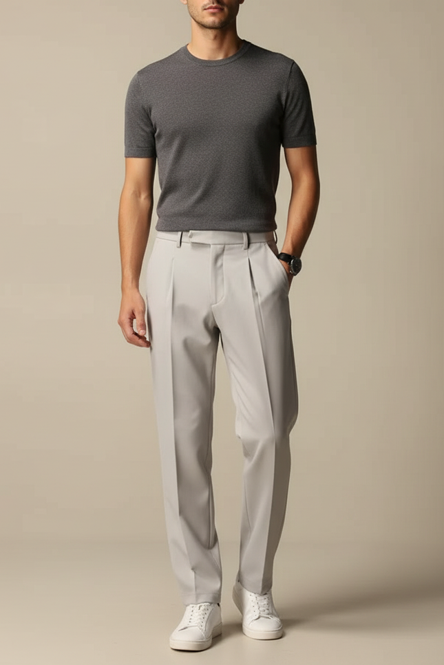 Pantalon Beige Homme Droit Plissé Élégant Coton - Gris