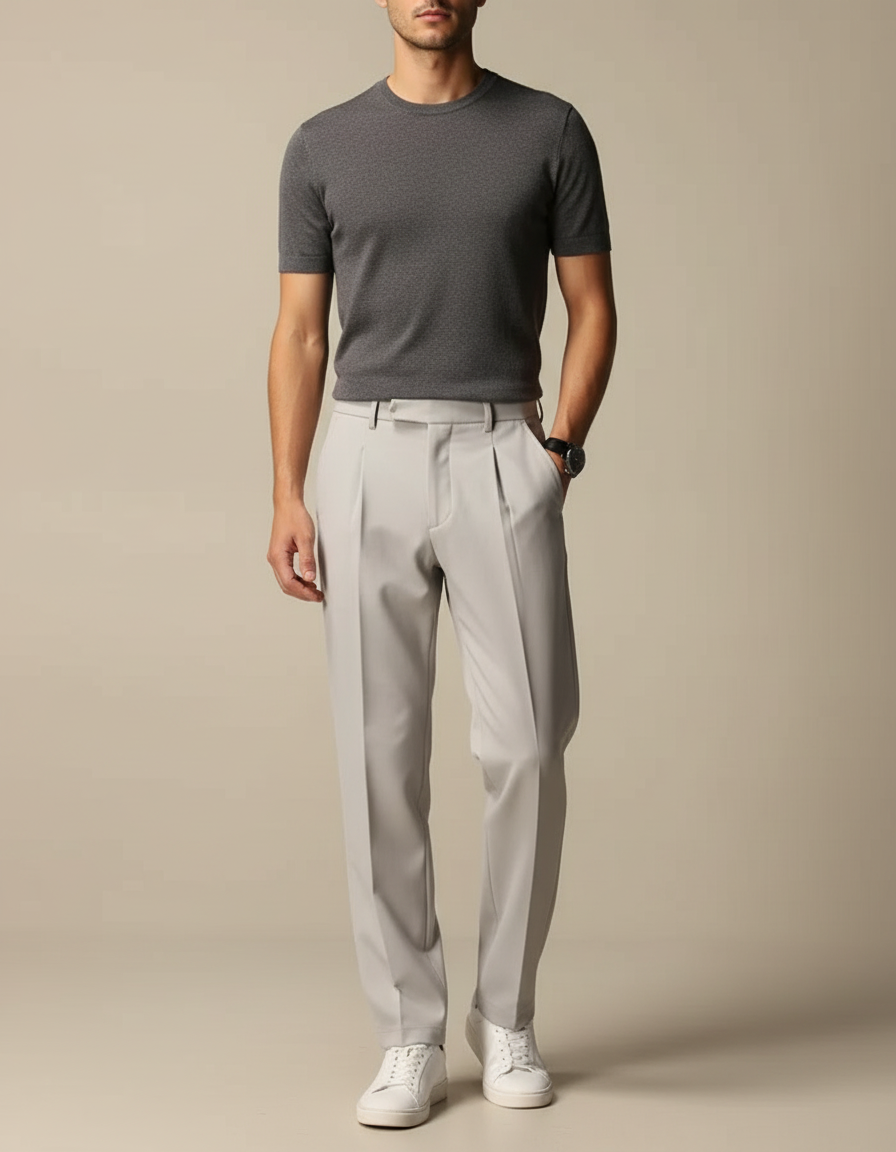 Pantalon Beige Homme Droit Plissé Élégant Coton - Gris
