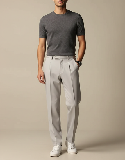 Pantalon Beige Homme Droit Plissé Élégant Coton - Gris