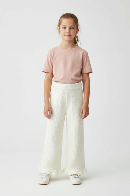 Pantalon Beige Enfant Tricoté Texturé Évasé Confortable - Maille