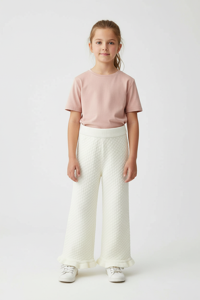 Pantalon Beige Enfant Tricoté Texturé Évasé Confortable - Maille