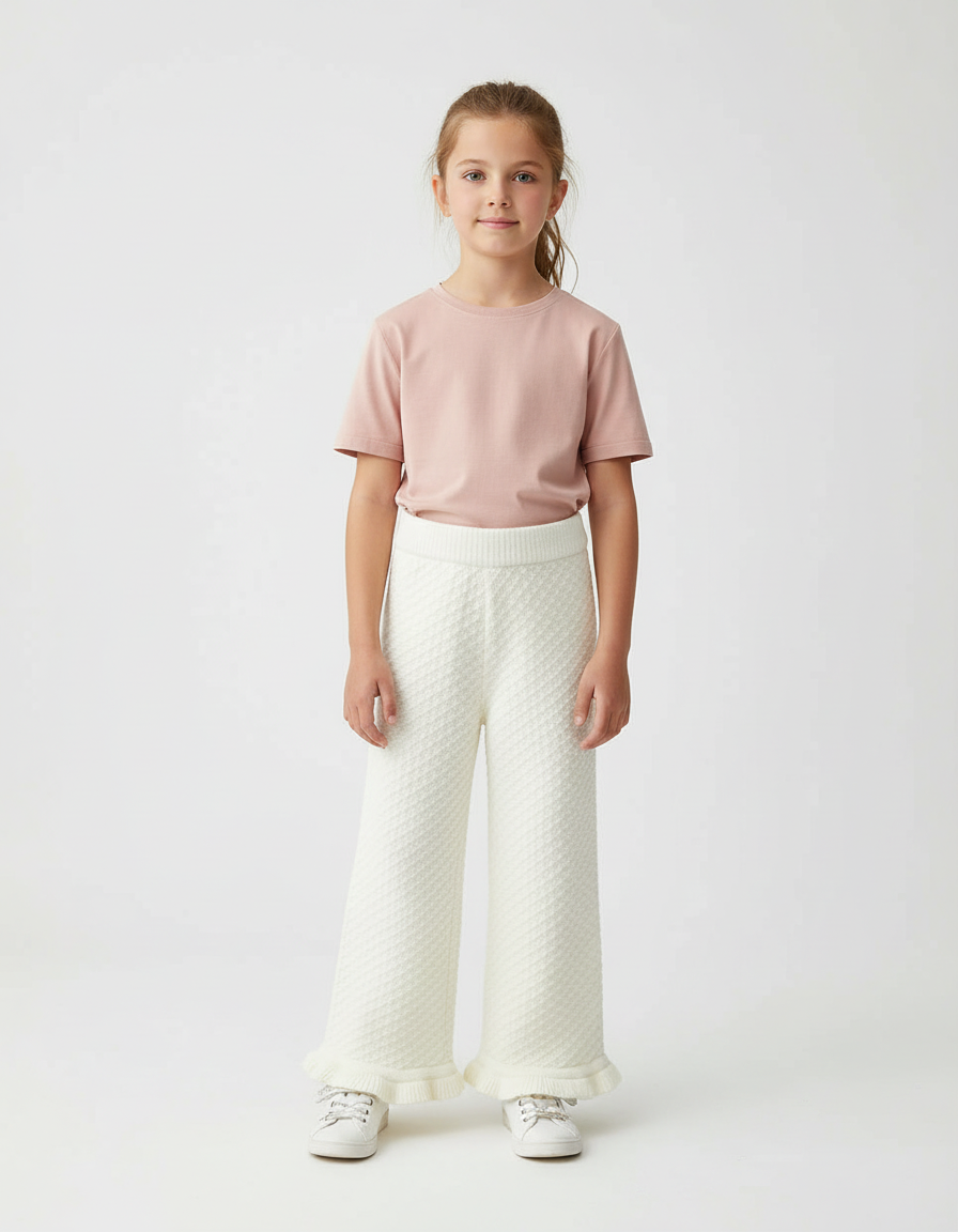 Pantalon Beige Enfant Tricoté Texturé Évasé Confortable - Maille