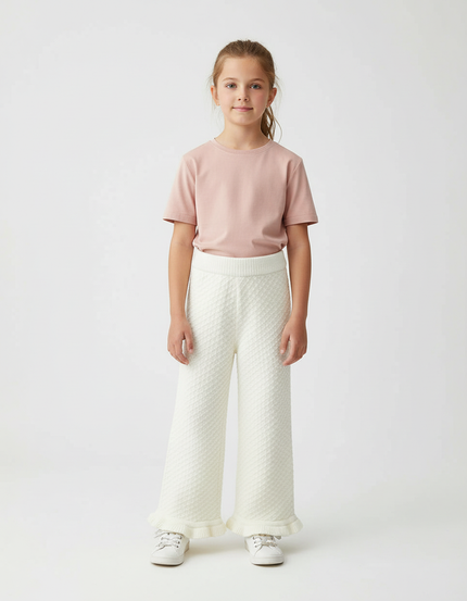 Pantalon Beige Enfant Tricoté Texturé Évasé Confortable - Maille