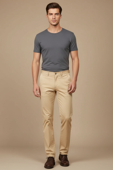 Pantalon Beige Homme Coton Coupe Droite Élégant - Gabardine