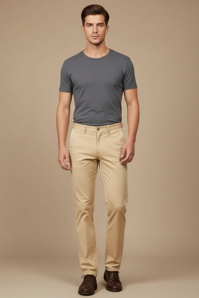 Pantalon Beige Homme Coton Coupe Droite Élégant - Gabardine