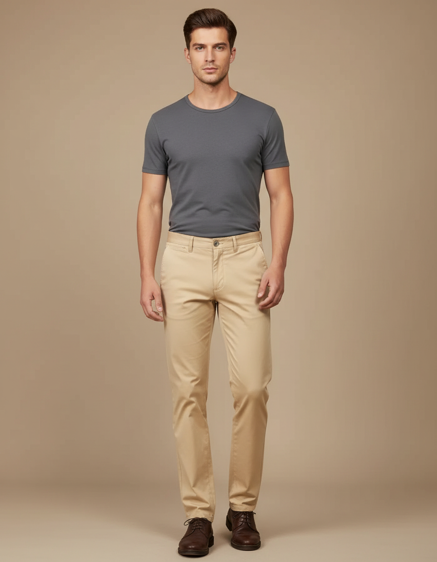 Pantalon Beige Homme Coton Coupe Droite Élégant - Gabardine