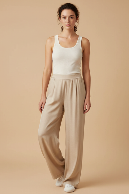 Pantalon Beige Ample Fluide Décontracté Élégant - Viscose
