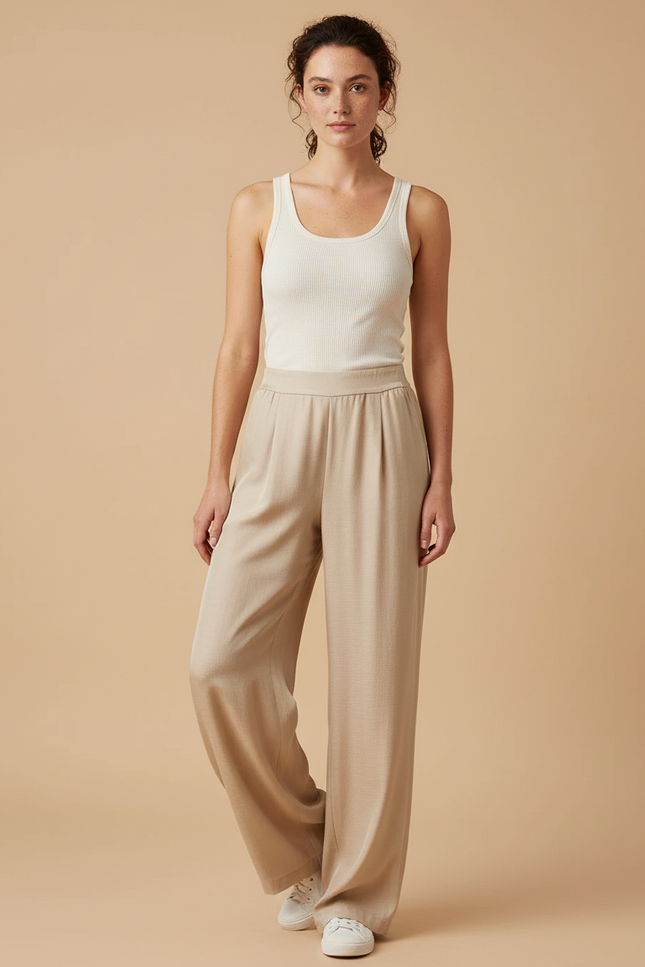 Pantalon Beige Ample Fluide Décontracté Élégant - Viscose