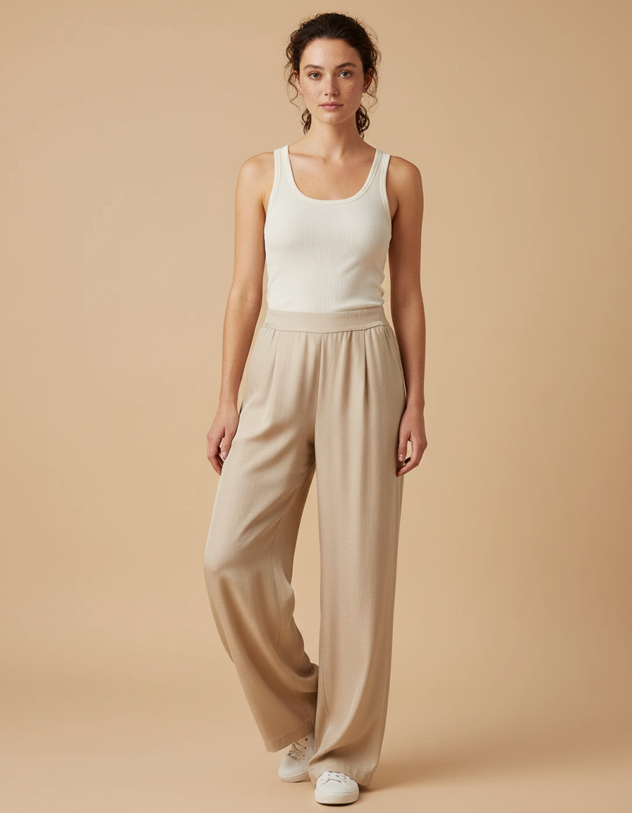 Pantalon Beige Ample Fluide Décontracté Élégant - Viscose