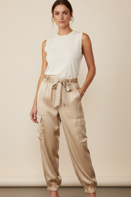 Pantalon Beige Satin Cargo Fluide Élastiqué