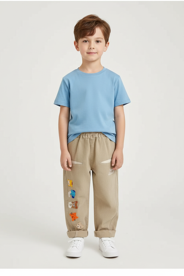 Pantalon Beige Brodé Décontracté Ample Enfant Mignon - Coton