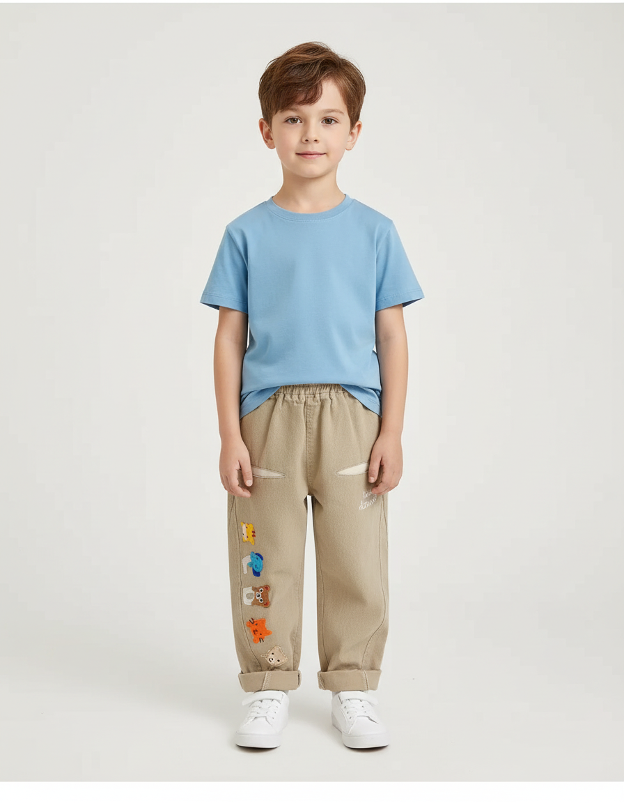 Pantalon Beige Brodé Décontracté Ample Enfant Mignon - Coton