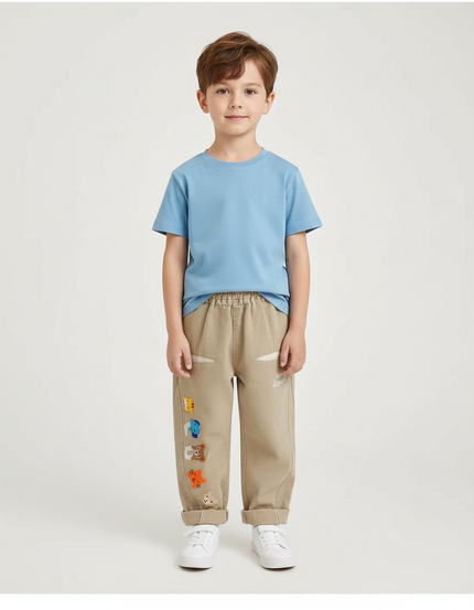 Pantalon Beige Brodé Décontracté Ample Enfant Mignon - Coton