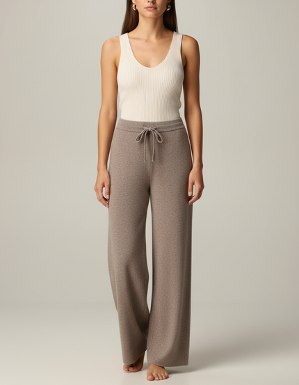 Pantalon Beige Ample Tricoté Confortable Décontracté Femme - Marron Maille