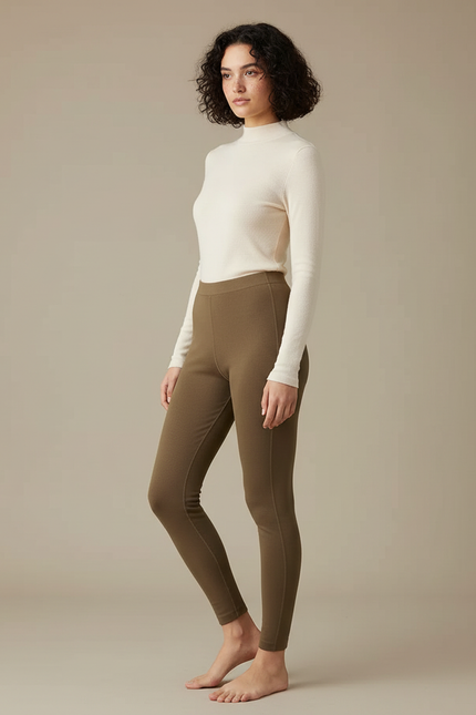 Pantalon Beige Côtelé Moulant Thermique Sans Couture - Kaki Maille
