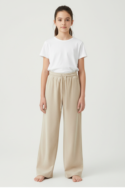 Pantalon Beige Ample Tricoté Confortable Décontracté Fille - Maille