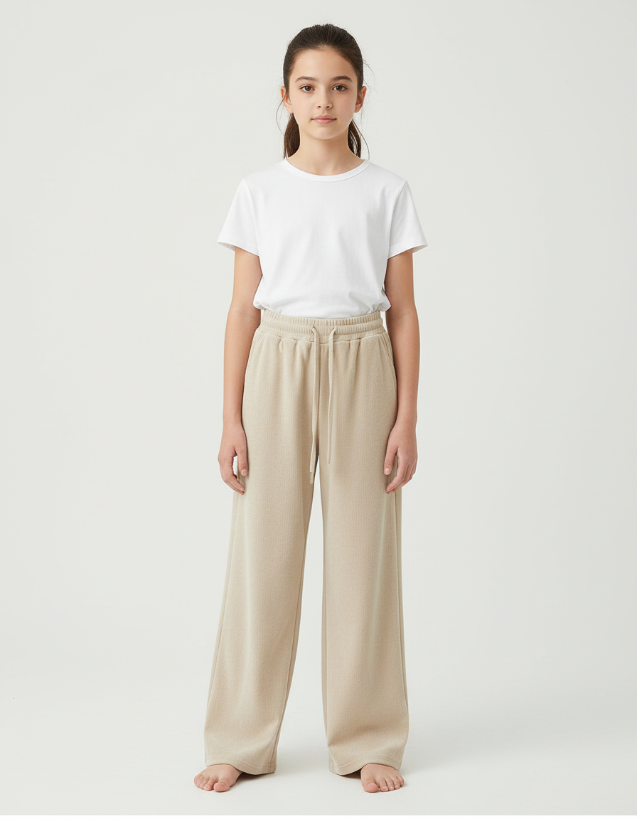 Pantalon Beige Ample Tricoté Confortable Décontracté Fille - Maille