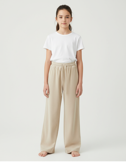 Pantalon Beige Ample Tricoté Confortable Décontracté Fille - Maille