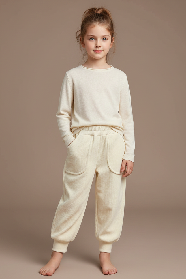 Pantalon Beige Côtelé Ample Décontracté Enfant Doux - Maille