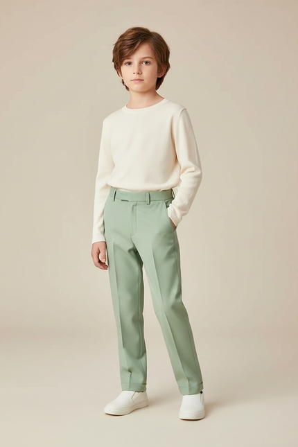 Pantalon Beige Vert Menthe Classique Élégant Garçon - Gabardine