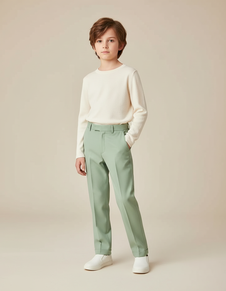 Pantalon Beige Vert Menthe Classique Élégant Garçon - Gabardine