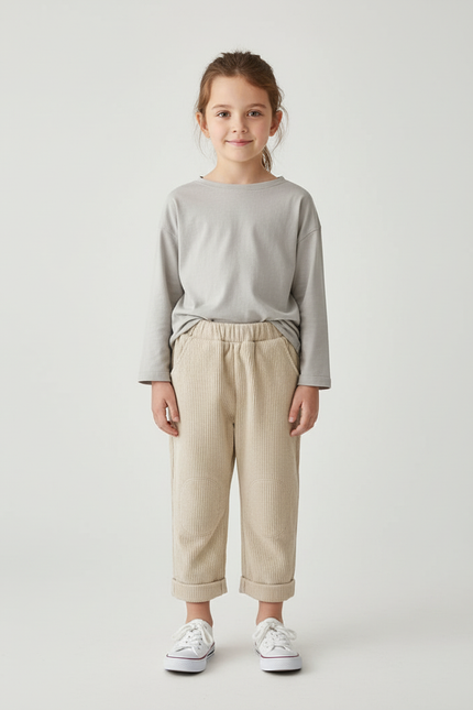 Pantalon Beige Côtelé Ample Élastique Enfant Confortable - Cordé