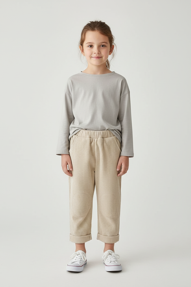 Pantalon Beige Côtelé Ample Élastique Enfant Confortable - Cordé