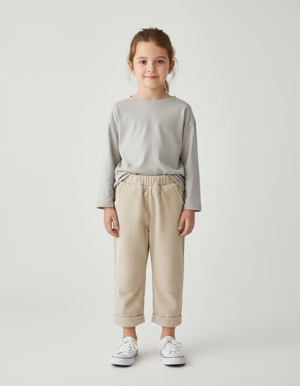Pantalon Beige Côtelé Ample Élastique Enfant Confortable - Cordé