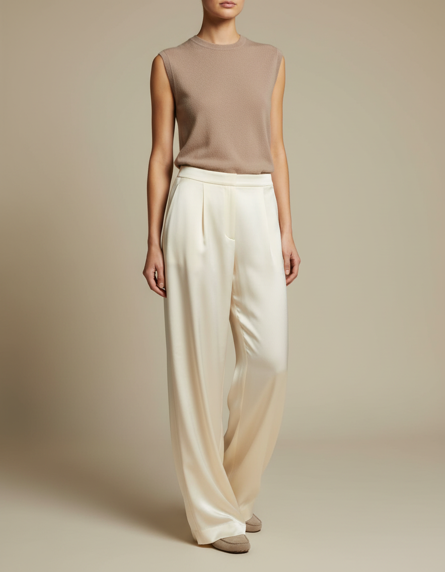 Pantalon Fluide Satin Beige