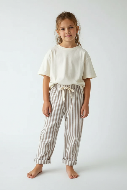 Pantalon Beige Rayé Coton Lin Ample Décontracté Enfant