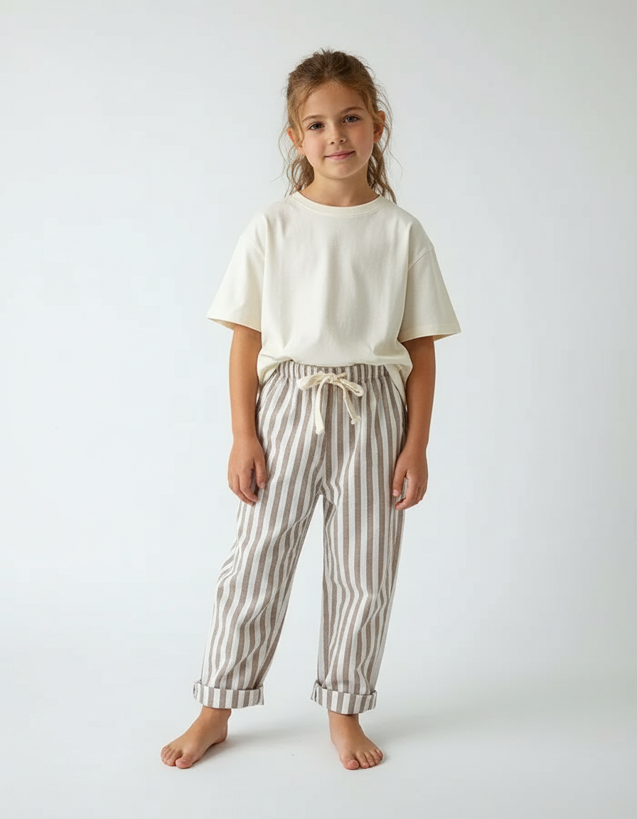 Pantalon Beige Rayé Coton Lin Ample Décontracté Enfant