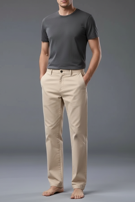 Pantalon Beige Homme Coton Droit Décontracté Extensible