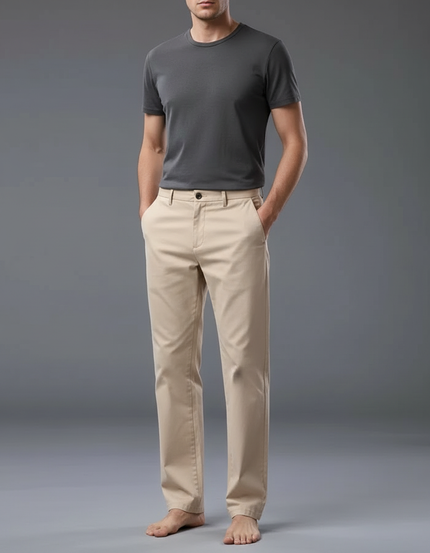 Pantalon Beige Homme Coton Droit Décontracté Extensible