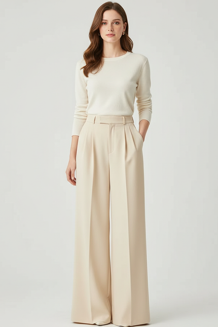 Pantalon Beige Ample Plissé Taille Haute Élégant - Polyester