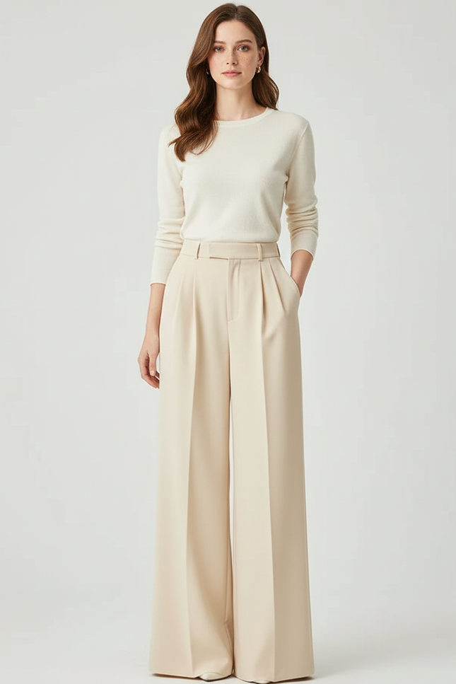 Pantalon Beige Ample Plissé Taille Haute Élégant - Polyester
