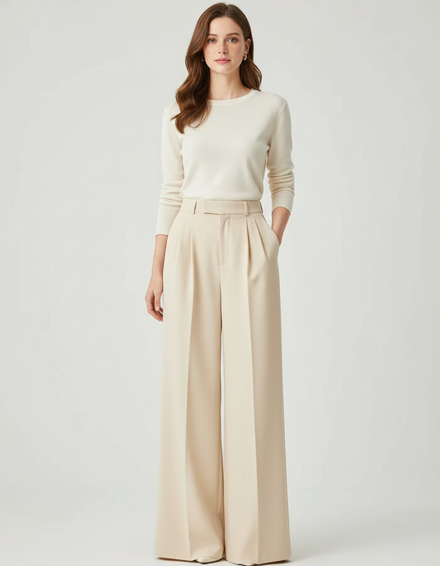 Pantalon Beige Ample Plissé Taille Haute Élégant - Polyester