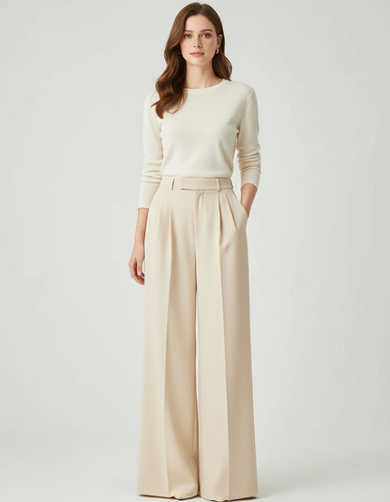 Pantalon Beige Ample Plissé Taille Haute Élégant - Polyester