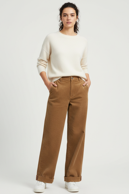 Pantalon Beige Côtelé Large Taille Haute Femme - Camel Cordé