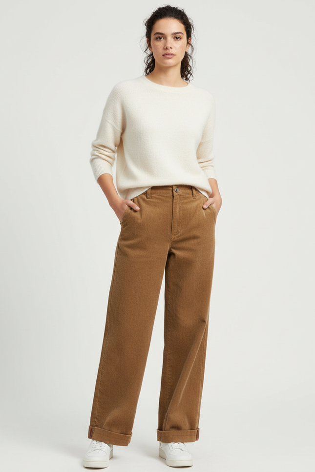 Pantalon Beige Côtelé Large Taille Haute Femme - Camel Cordé