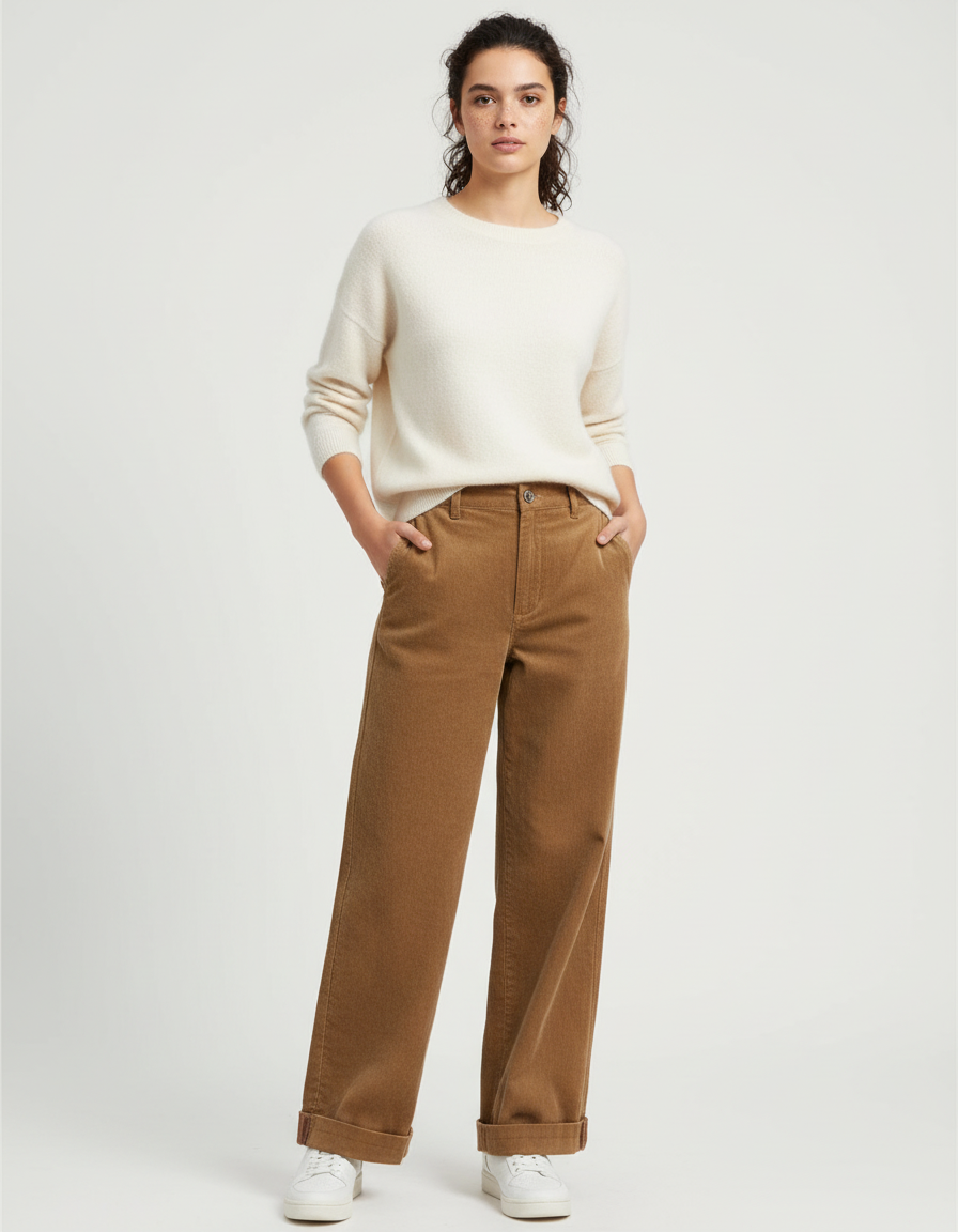 Pantalon Beige Côtelé Large Taille Haute Femme - Camel Cordé