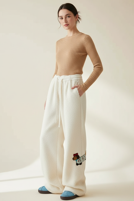 Pantalon Beige Ample Brodé Molletonné Décontracté Femme - Blanc