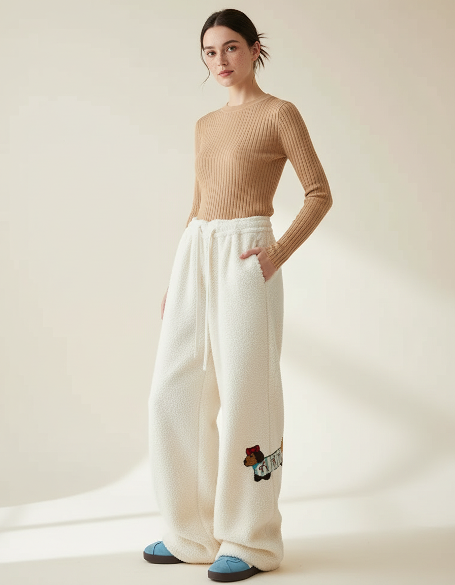 Pantalon Beige Ample Brodé Molletonné Décontracté Femme - Blanc