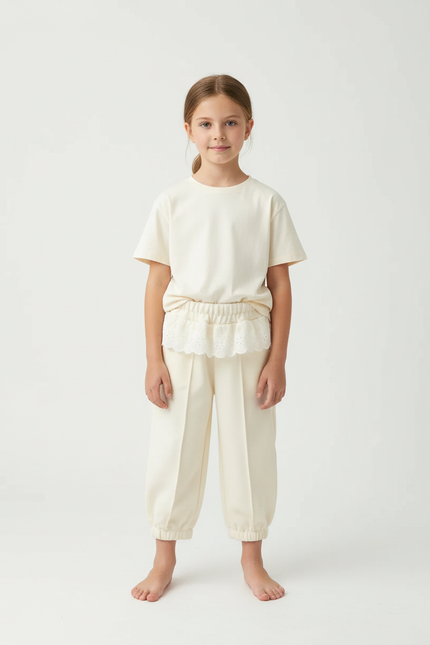 Pantalon Beige Plissé Élastiqué Cheville Enfant Fille - Gabardine