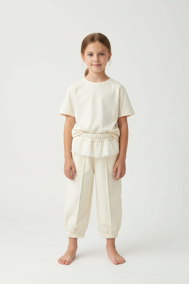 Pantalon Beige Plissé Élastiqué Cheville Enfant Fille - Gabardine
